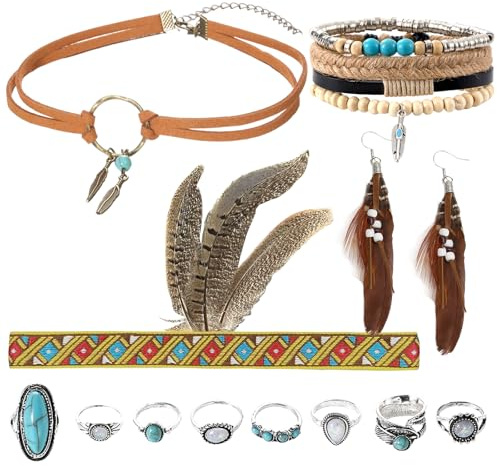 SOETDERT Indian Boho karneval accessoarer, 12 st indianer smycken indianer fjäder pannband örhängen, boho choker halsband armband, turkos ringar indiansmycken damer, indianer huvudbonad karneval, 1,