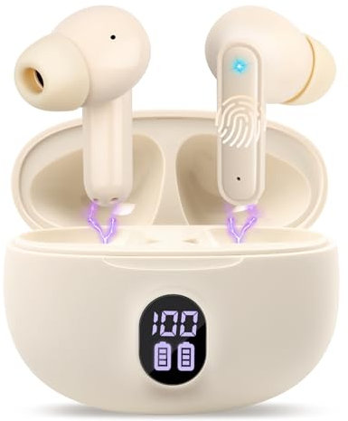 LWMTT Écouteurs sans Fil Bluetooth, Intra-Auriculaires Bluetooth 5.3, Affichage LED Couleur Beige, écouteurs étanches IPX7, autonomie de 30 h, réduction du Bruit, Charge Rapide USB-C
