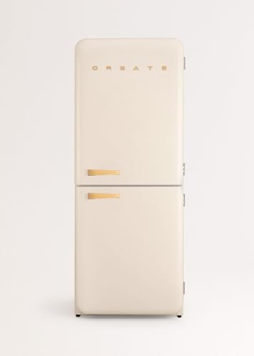 CREATE / RETRO FRIDGE COMBI 185 WOOD/Réfrigérateur combiné blanc cassé avec poignée en bois et congélateur 401L / 190W, système No Frost, 3 étagères, 2 tiroirs, 70x65x185 cm