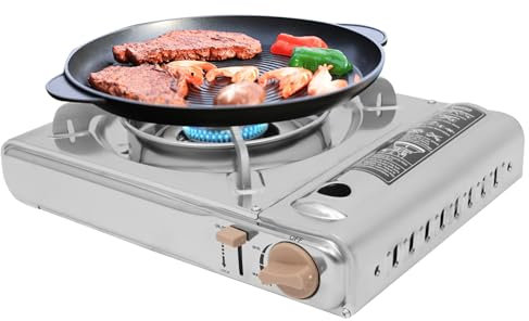 MEELRYD Barbecue de table à gaz portable - Petit barbecue à gaz - Avec mallette de transport - Réchaud à gaz d'extérieur pour camping, voyage et cuisine en plein air - Argenté