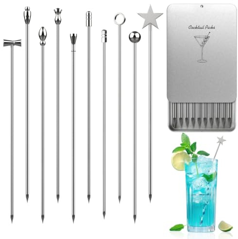 Goeveo 10Pcs Cocktail Sticks, Upgrade Stainless Steel Martini Picks,Reusable Metal Toothpick Cocktail Picks,Cocktail Accessories for Martini Olive Skewers Bar Barbecue Fruit Bloody Mary Drink