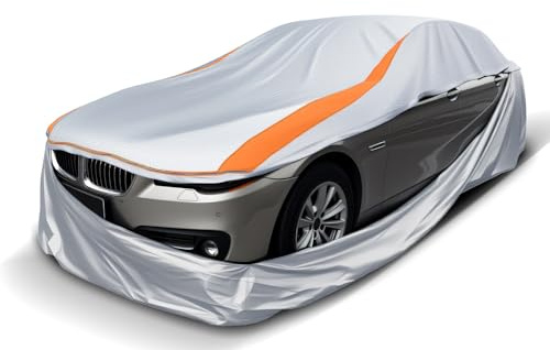 FJWDSC Full Enclosed Sliver Car Cover Waterproof All Weather for Length 415-445 cm, Heavy Duty Car Cover for Outside Storage and Indoor Use, Universal Fits for Saloons Hatchbacks Coupe