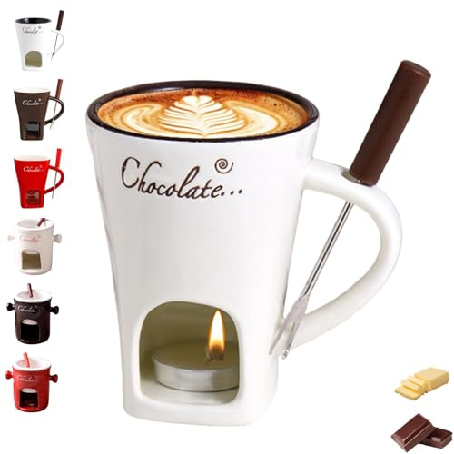 Generico Tazza per fonduta di Cioccolato con forchetta, Tazza in Ceramica per sciogliere Il Cioccolato, Piccolo scaldaburro, per Cioccolato, Formaggio e Burro (A)