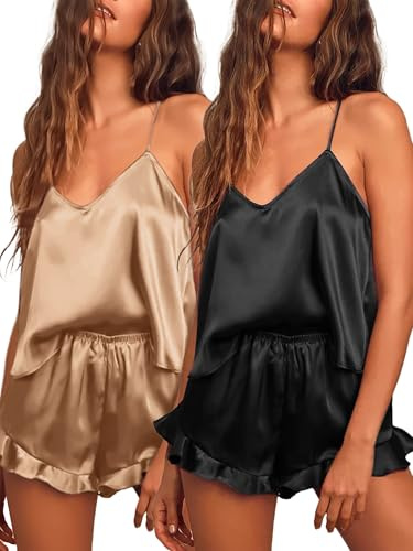 Ekouaer Ensembles de Pyjama Femme Court Satin 2 Pièces Sexy Chic Ensembles de Pyjama Ete en Soie Pyjama Col en V Haut et Short S