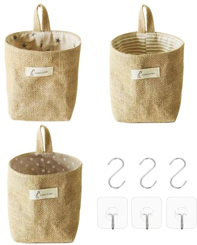 Cisyia 3 Pcs Hanging Storage Baskets, Foldable Wall Organizer | Hanging Storage Bag with S and J Hook, Cotton and Linen Basket for Toys Makeup Small Affairs Keys Toilet Paper Potted