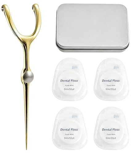 Juego de soportes para hilo dental. 1 soporte de acero inoxidable. 4 paquetes de hilo dental. Incluye caja de almacenamiento portátil. Reutilizable. Higiénico y seguro.