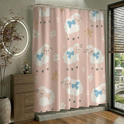 Duschdraperi 150 x 200 cm får-duschdraperier vattentät textil polyester tyg tvättbar snabbtorkande duschdraperi med 12 krokar och vikt nedtill söt badrumsgardin för badrum W-P412