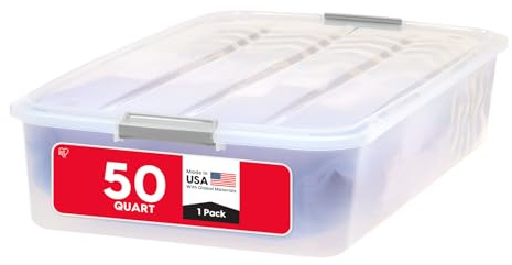 IRIS USA 50 Qt Plastic Under Bed Storage Organizer Bin Container with Secure Lids and Durable Black Buckles, Multi-Purpose for Clothes Shoes Clothing Bedding, Long, Clear
