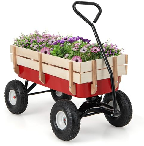 Giantex All Terrain Cargo Wagon Wood Railing Kids Children Garden Air Tires Outdoor Red