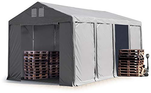 TOOLPORT Lagerzelt Industriezelt 4x8 m Zelthalle mit 3m Seitenhöhe PVC Plane 850 N grau wasserdicht Ganzjahreszelt mit Reißverschlusstor