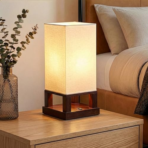 Brightech Maxwell Bedside Lamp with USB Port – Compact Table Lamp for Bedroom, Living Room - Modern Asian Nightstand Lamp with Wood Frame - LED Bulb, Soft Light - Havana Brown