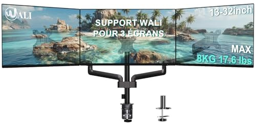 WALI Trippel monitorfäste, 3 bildskärmstativ skrivbordsfäste med premium gasfjäderarm för skärmar upp till 27 tum, VESA 75 x 75 eller 100 x 100 mm (GSDM003), svart