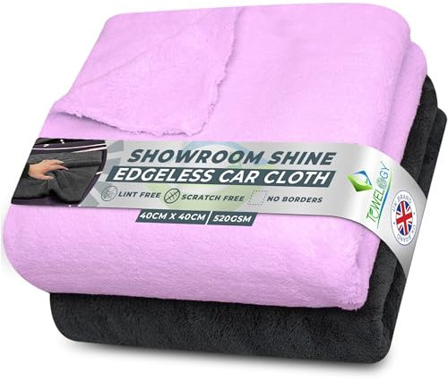 Towelogy® 520gsm Professional Microfibre Edgeless Car Cloths QUICK DRY for Auto/Moto Detailing Polishing Washing STREAK FREE & LINT FREE 40x40cm (Grey/Lilac Purple, Pack Of 2)