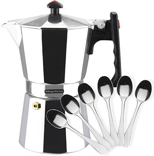 MAGEFESA Colombia - Cafetera Italiana de 3 Tazas, 150ml, Incluye 6 Cucharas Moka, Aluminio Extra Grueso, Todo Tipo de Cocinas, EXCEPTO INDUCCIÓN