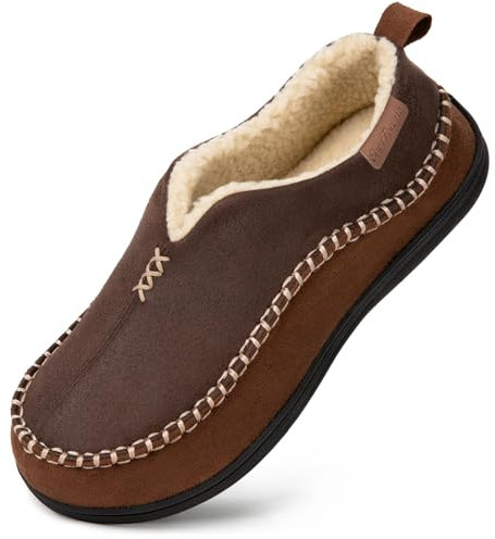 EverFoams Herren Mokassin-Hausschuhe aus Mikro-Wildleder, Memory-Schaum, flauschiges Sherpa-Futter und rutschfester Sohle, coffee, 46 EU