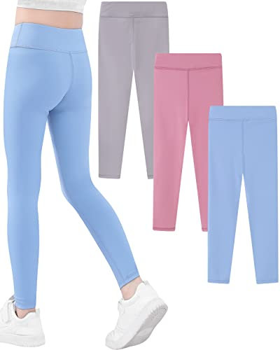Domee Mädchen Sport Leggings Sporthosen Jogginghose Turnhose Gymnastik 3er-Pack Kastanienbraun + Hellblau + Grau 128 (Herstellergröße 130)