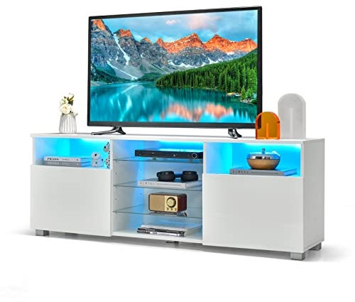 COSTWAY LED TV Stand Cabinet for 65 inch TVs, Wooden Entertainment Center with RGB LED Lights, Adjustable Glass Shelves and 2 Doors, 146cm Console Table Unit for Living Room (White)