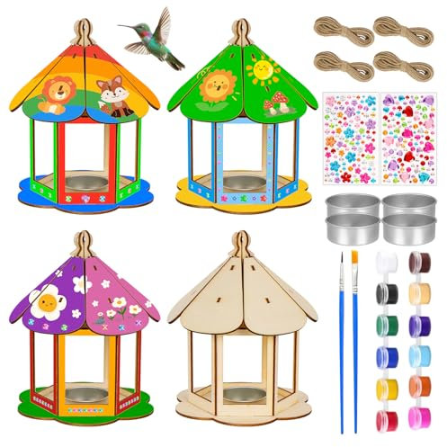 Acentor Vogelhaus Bausatz Kinder Holz, 4 Stück 3D Vogelfutter Bastelset Kinder, Vogelhaus zum Bemalen, Vogelhaus Kunst Handwerk Geburtstagsparty Spielzeug Geschenk für Jungen Mädchen 6 8 9 10 Jahre