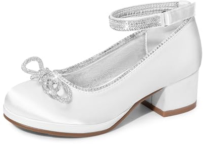 DREAM PAIRS Girls Chunky Heel Pumps,White,13 Little Kid