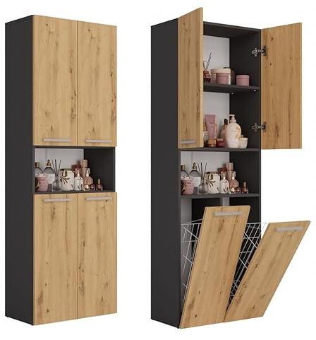 ADGO - Haute Armoire de Salle de Bains avec Deux Paniers à Linge et Une Étagère Ouverte - 60 x 30 x 174 cm - Anthracite/Artisan