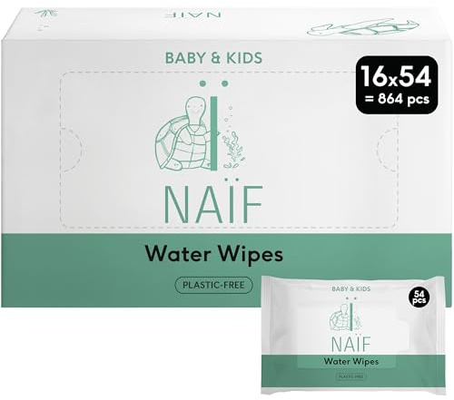 Naïf lingettes humides sans plastique 864 pièces (16 x 54 lingettes humides) - soin des fesses, du corps et du visage de bébé - 99% d'eau - 0% de parfum et d'alcool