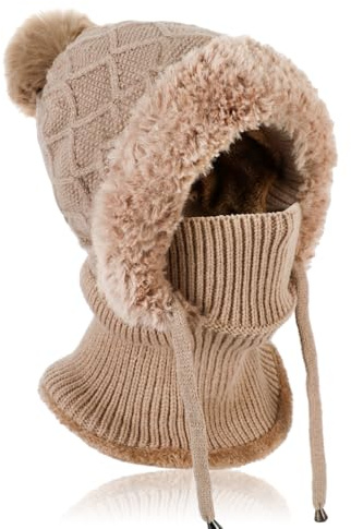 TAGVO Winter Warm Knitted Cap with Neck Warmer for Women, Slouch Ajustable Knit Beanie Hat with Hairball, Winter Woolly Hat with Warm Fleece Linning, Windproof Balaclava Snood Hood Hat for Women