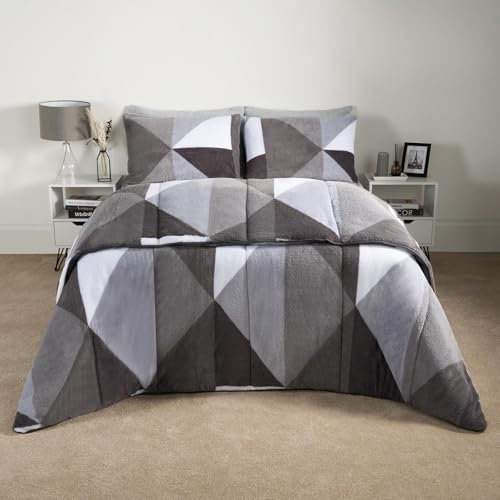 OHS Teddy 10.5 Tog King Size Coverless Duvet, Reversible Washable Fleece Coverless Duvet Travel Camping Duvet Soft Winter Warm Comfy Bedding with Pillowcases, Grey Geo