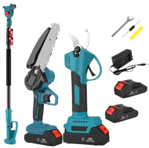 Tijera Podadora Inalámbrica 2M, Sierra de Rama Alta 3 en 1, Sierra de Pértiga con Motosierra Sin Escobillas, 2 Baterías, Varilla Telescópica y Cargador Incluido para Poda de Árboles y Jardines