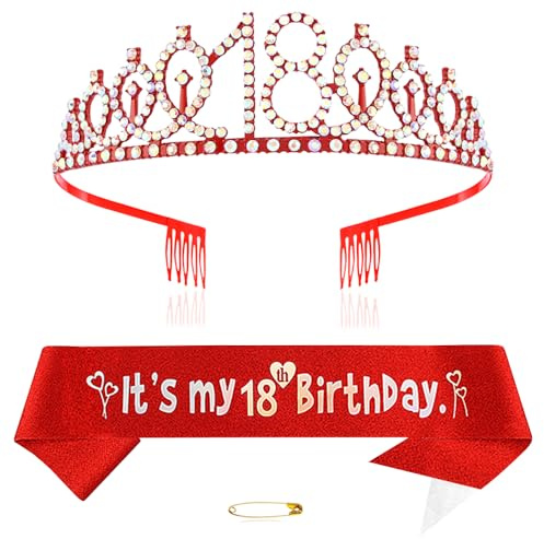 Diadème rouge pour 18e anniversaire pour filles - Couronne de princesse en cristal - Bandeaux d'anniversaire - Décorations d'anniversaire - Kit diadème d'anniversaire pour fille - Accessoires de fête,
