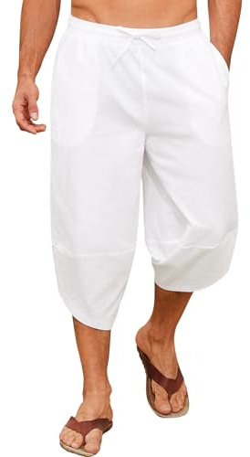 Yuson Girl Pantalon 3/4 Homme Été Pantalon Harem en Coton Respirant Pantalon Décontractés de Plage Léger Casual Yoga Pants avec Cordon Elastique Taille et Poches(Blanc, L)