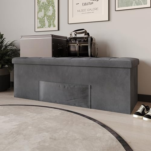 HOME DESIGN Chico Tufted Folding Storage Bench with Pocket – 42 inch Upholstered Velvet Ottomans for Bedroom, Living Room, Entryway – Foldable Storage Chest with Lift-Top Lid, Dark Gray
