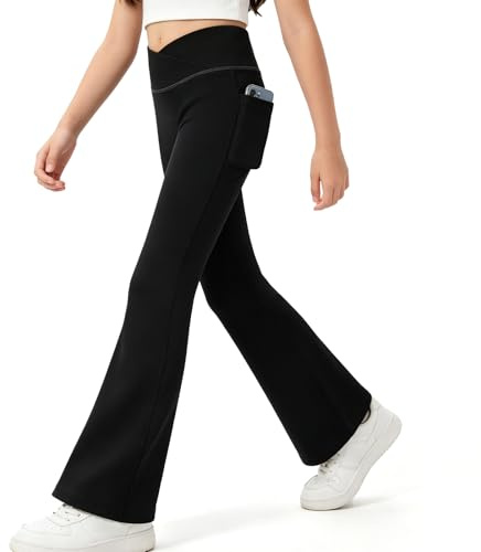 KAKU NANU 2 Pack V Cross Flared Leggings Girls Yoga Pants with Pockets 7-14 | School wear,Black,High Waisted,Quick Dry,Breathable,4-Way Stretch,Fashionable,Daily Wear or Sports Dance Joggers