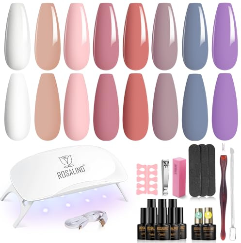 ROSALIND Gelnägel Starterset, 8+2 Stück Gel Nagellack mit UV Lampe Weiß Rosa Blau Violett Gelnägel UV Nagellack Set Starterset Maniküre Nageldesign-Set