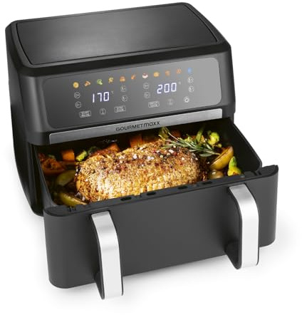 GOURMETmaxx AirGenius Varmluftsfritös 10 l – 2 x 5 l luftfritös vario-rum | fritös med 10 program och pekskärm | Varmluftsfritös 2 rum – 2 rätter samtidigt, för upp till 8 personer