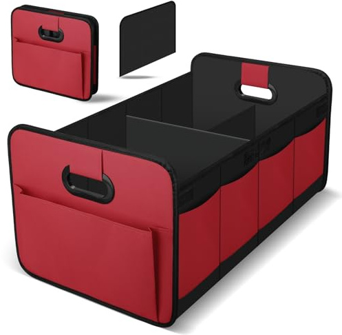 HIAHXC Organizador de Maletero Coche,Bolsa Plegable Reforzada y Estable con Bolsillo de Red,Caja Antideslizante, Impermeable y Versátil para Almacenaje Interior – Negro (Rojo)