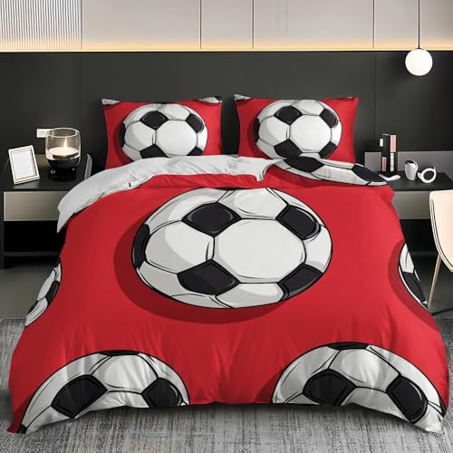 Juego de Ropa de Cama 80/90, Rojo Individual Funda Nórdica 135x200 cm Microfibra Suave y Confortable ImpresióN de FúTbol En Blanco y Negro Juego de Funda Nórdica con Cremallera para Familiar y Niños