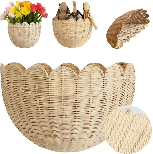 Cesta de pared festoneada, cesta de mimbre colgante tejida a mano para pared, organizador de ratán decorativo, para entrada, cocina, oficina