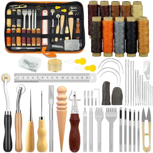 54PCS Leather Sewing Kit, Hand Stitching Leather Working Tools Set with Waxed Thread, Tracing Wheel, Sewing Needles, Stitching Punch, Awl & Complete Leather Crafting Accessories for Adults Beginners