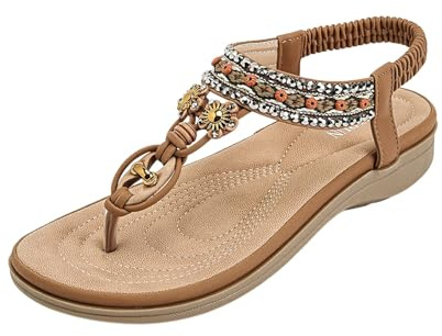 Genérico sandalias,planas con tiras en T y cuentas para,con piedras preciosas de colores y elástico Plantilla(Khaki,40)