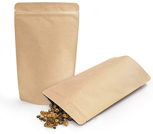 SumDirect 50Pcs 15x24cm Kraft Stand Up Food Bags, Zipper Reusable Packing Pouches Foil Lined with Tear Notch Thicken Heat Sealable, for Storing, Cookie, Snack Tea and Drinking