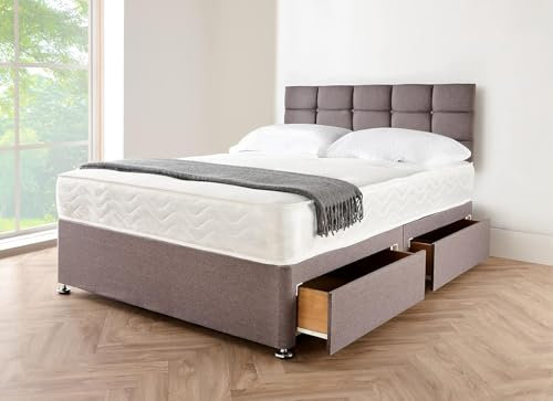 Divan Beds Deals - Grey Linen Divan Double Bed – 10” Spring Memory Foam Mattress, 20” Cube Headboard & 2 Storage Drawers | Complete Bed & Mattress Set