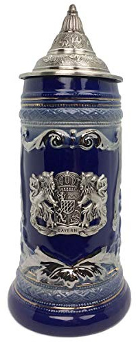 1 Liter | OktoberfestHaus Beer Stein Mug German Bayern Lion Coat Of Arms Bier Krug with Metal Emblem On Cobalt Blue Ceramic Tankard Stein With Lid Oktoberfest Beer Mug