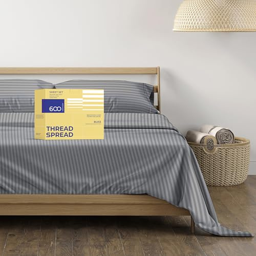 THREAD SPREAD Luxury Egyptian Cotton Queen Stripe Sheet Set, 600 Thread Count Extra Long Staple 4 PC Set, Queen Damask Sheets, Soft, Cooling Sateen Weave Sheets Upto 18 Deep Pocket - Dark Grey