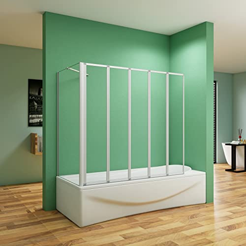 120x70x140CM MAMPARA DE BAÑERA 5 CRISTALES PLEGABLES GROSOR 4 MM TEMPLADO COLOR BLANCO MATE CON LATERAL FIJO