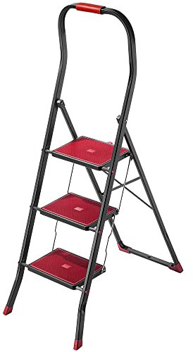 KADAX Klappbare Stahlleiter, 3-stufige Trittleiter mit rutschfesten Stufen, Traglast bis 150 kg, schwarz-rot, mit Klappsicherung und Handlauf