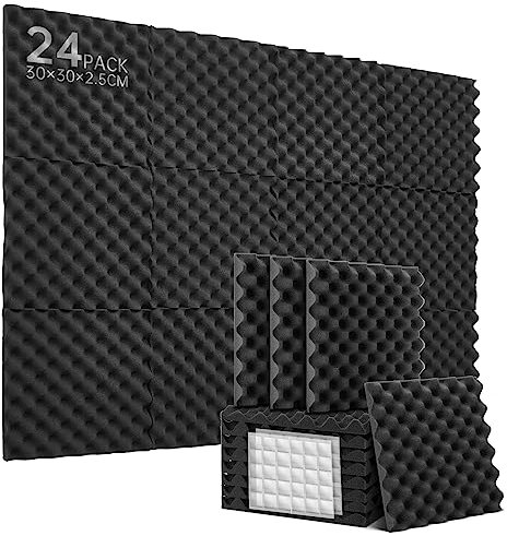 Paneles Acusticos, Espuma Acustica Negro 24 Piezas Aislante Acustico Alta Densidad Caja De Huevos Panel Insonorizante Ignífugo Reducir El Eco Para Podcasting/Estudios De Grabación 30×30×2.5cm