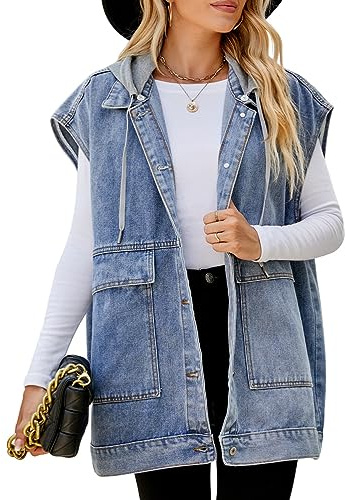 seiveini Chaqueta de Mezclilla Sin Mangas para Mujer Chaleco de Mezclilla Oversized con Botones Cuello Solapa Chaleco de Primavera y Verano de Color Sólido B Azul M