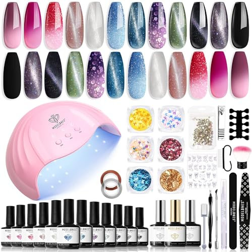 modelones UV Nagellack Set mit UV Lampe 48W,12 Farben Rosa Schwarz Grün Gellack Set-Gel Nagellack -Gelnägel set mit Base Top Coat Gelnägel et Maniküre Nagelstudio