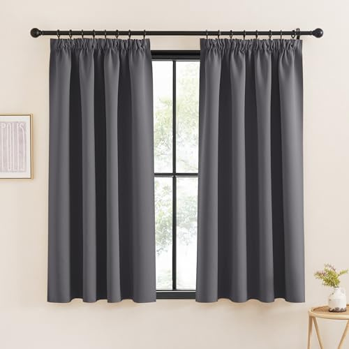 KGORGE Fenster Vorhänge Kurz Blickdicht Schlafzimmer Gardinen mit Kräuselband 2er Set 145 x 140 cm(HxB) Graue Thermovorhang Hitzeschutz Verdunkelung