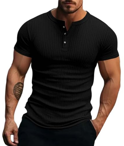 Henley - Maglietta da uomo estiva classica, in cotone, a maniche corte, con bottoni, casual, a maniche corte, per il tempo libero, classica, in cotone, leggera, traspirante, con bottoni